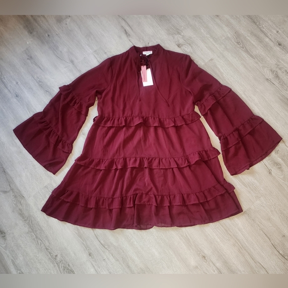 Womens Andree Burgundy Peasant Bell Sleeves Bohemian Dress Size Large - Picture 1 of 5